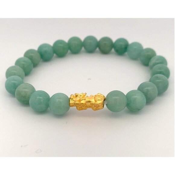 Natural Aventurine Stretchable Bracelet Size 6.5 with 24K Gold Dragon - Picture 8 of 8
